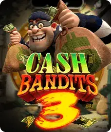 Cash Bandits 3 cover art from the Uptown Pokies lobby: the robber crew of the RTG pokie